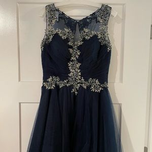 Navy Blue short prom dress with gold beading